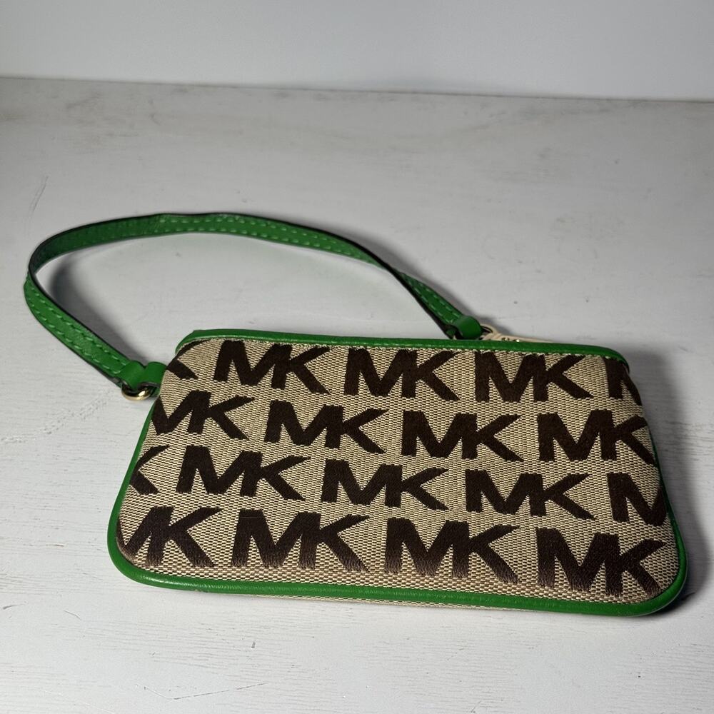Michael Kors Woman’s Wristlet Monogram Canvas Tan with green trim